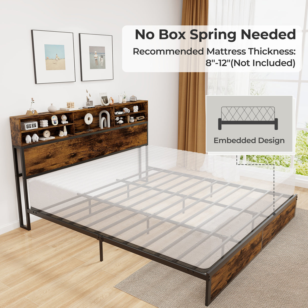 Twin/Full/Queen/King Size Bed Frame with Storage Headboard Industrial Metal Platform Bed