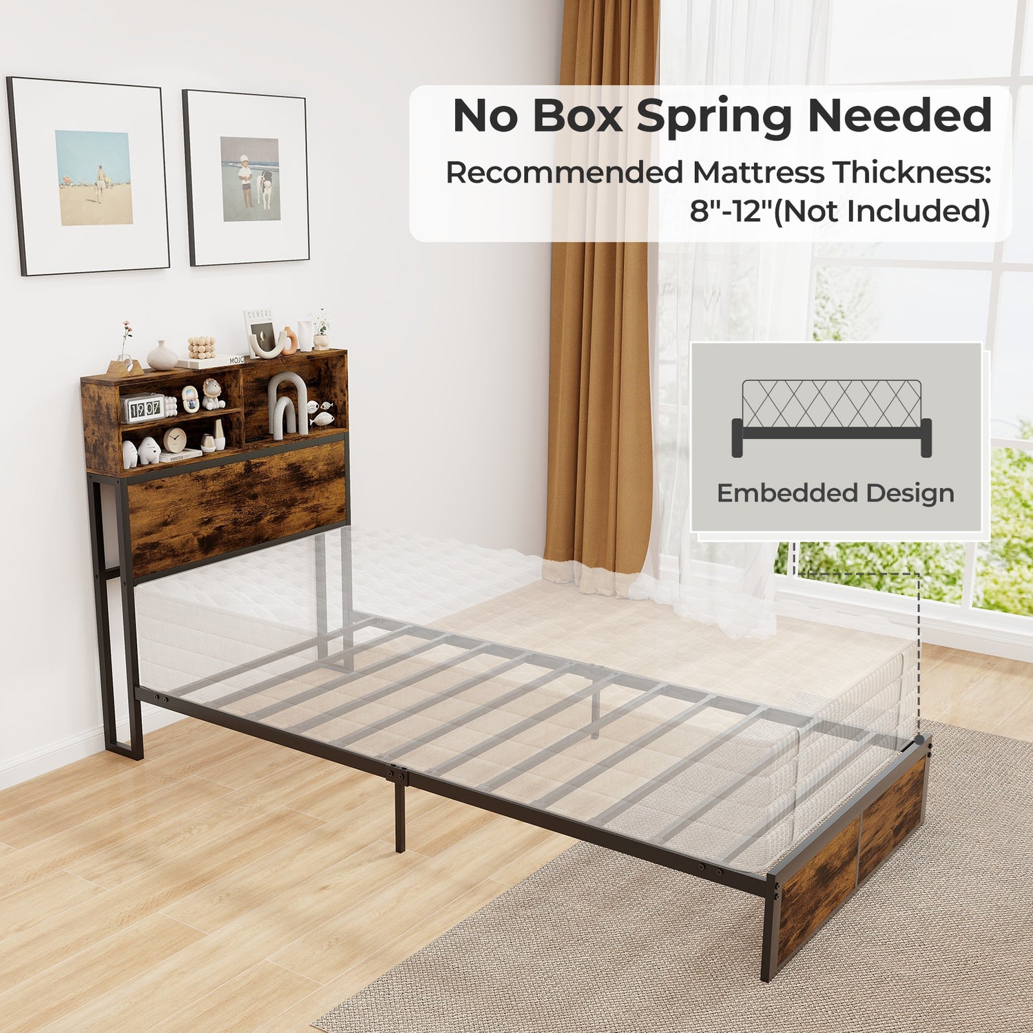 Twin/Full/Queen/King Size Bed Frame with Storage Headboard Industrial Metal Platform Bed