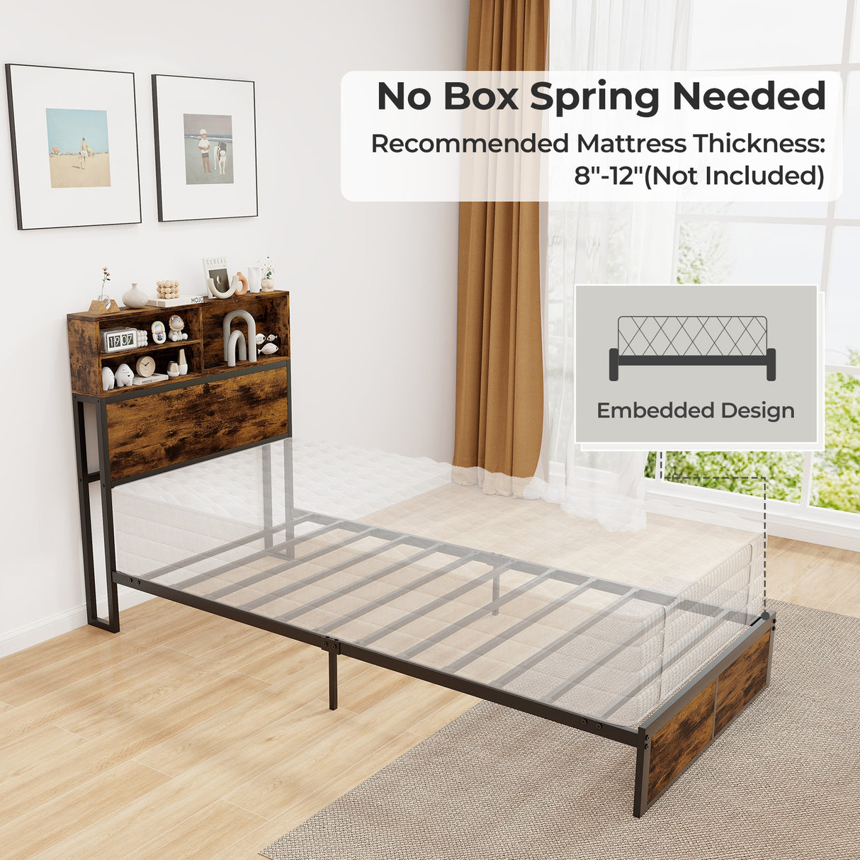Twin/Full/Queen/King Size Bed Frame with Storage Headboard Industrial Metal Platform Bed