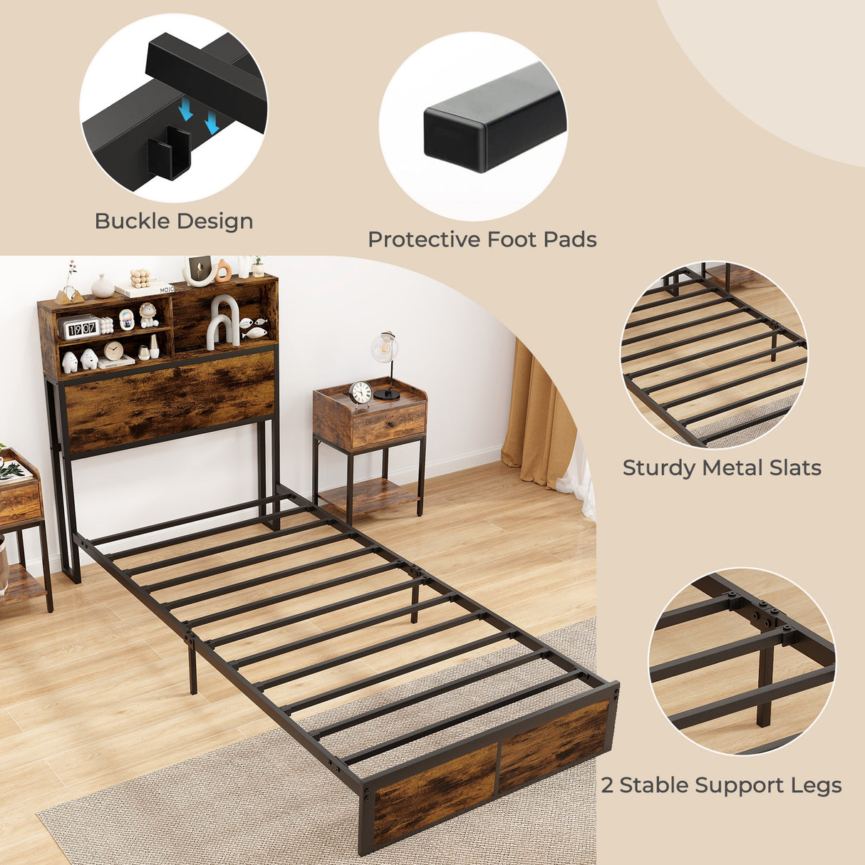 Twin/Full/Queen/King Size Bed Frame with Storage Headboard Industrial Metal Platform Bed