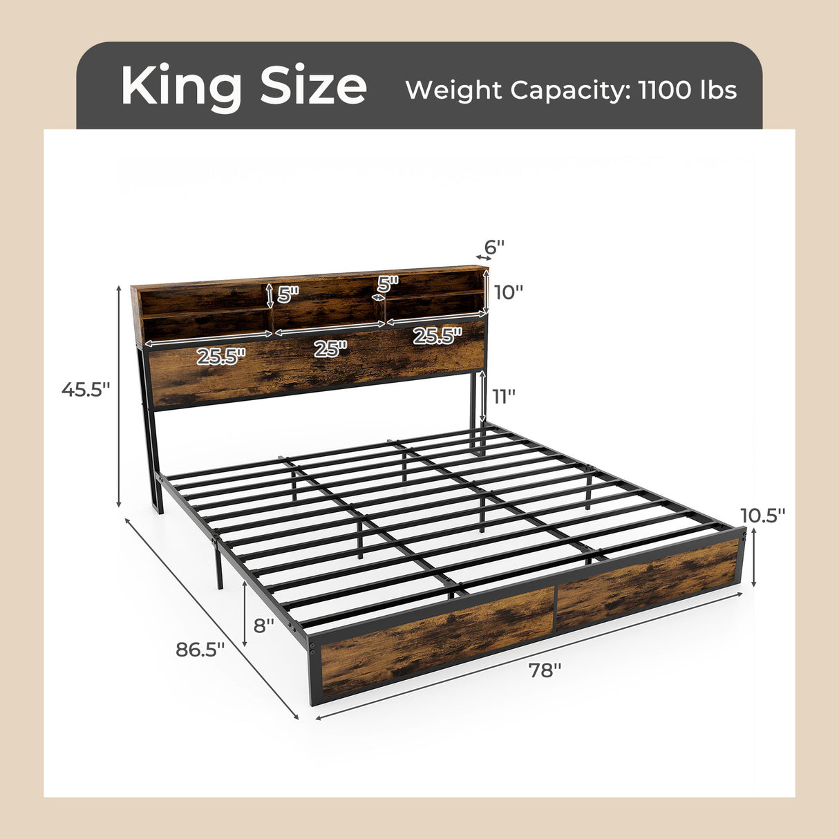 Twin/Full/Queen/King Size Bed Frame with Storage Headboard Industrial Metal Platform Bed