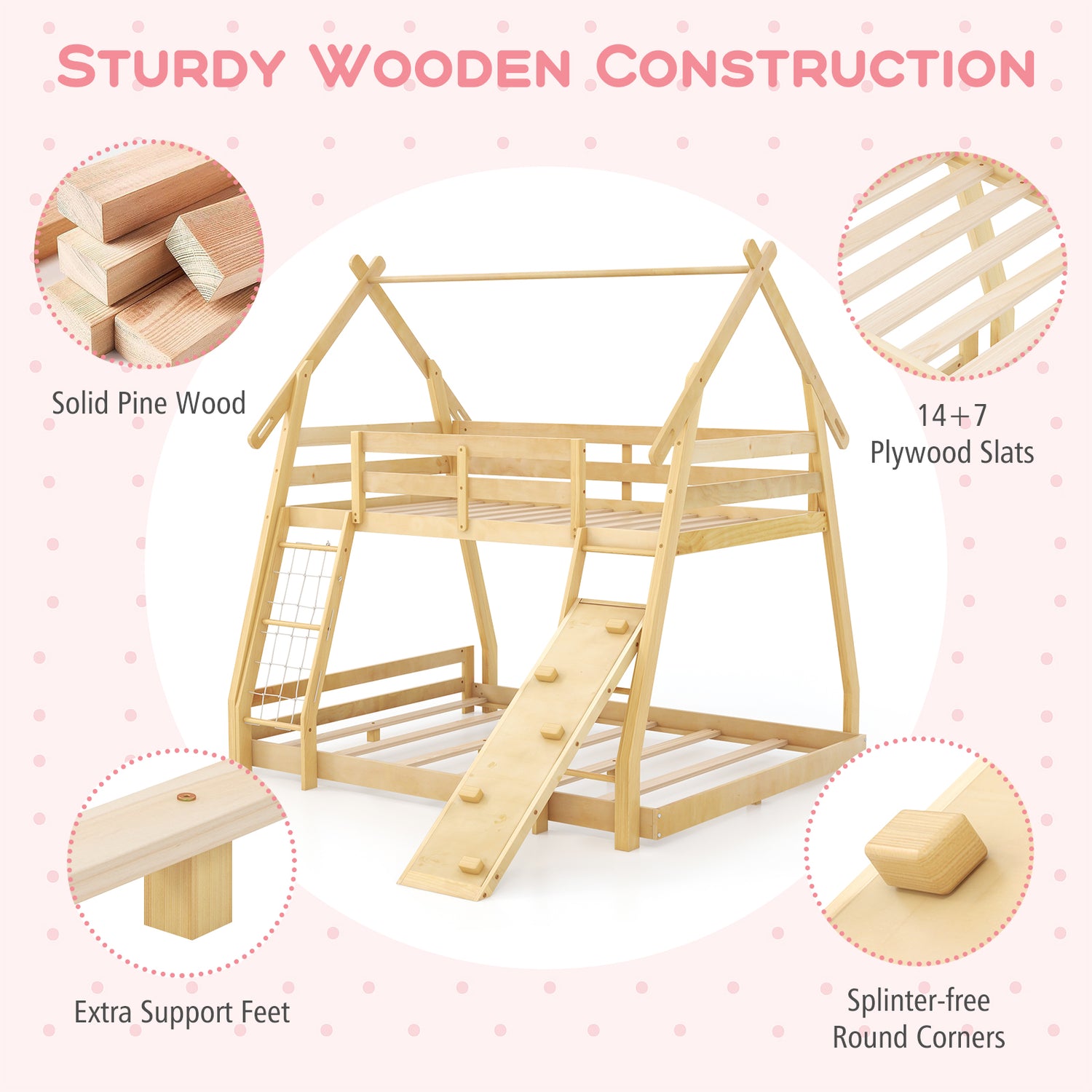 Twin Over Queen Bunk Bed Wooden Kids Bed with Climbing Nets and Ramp