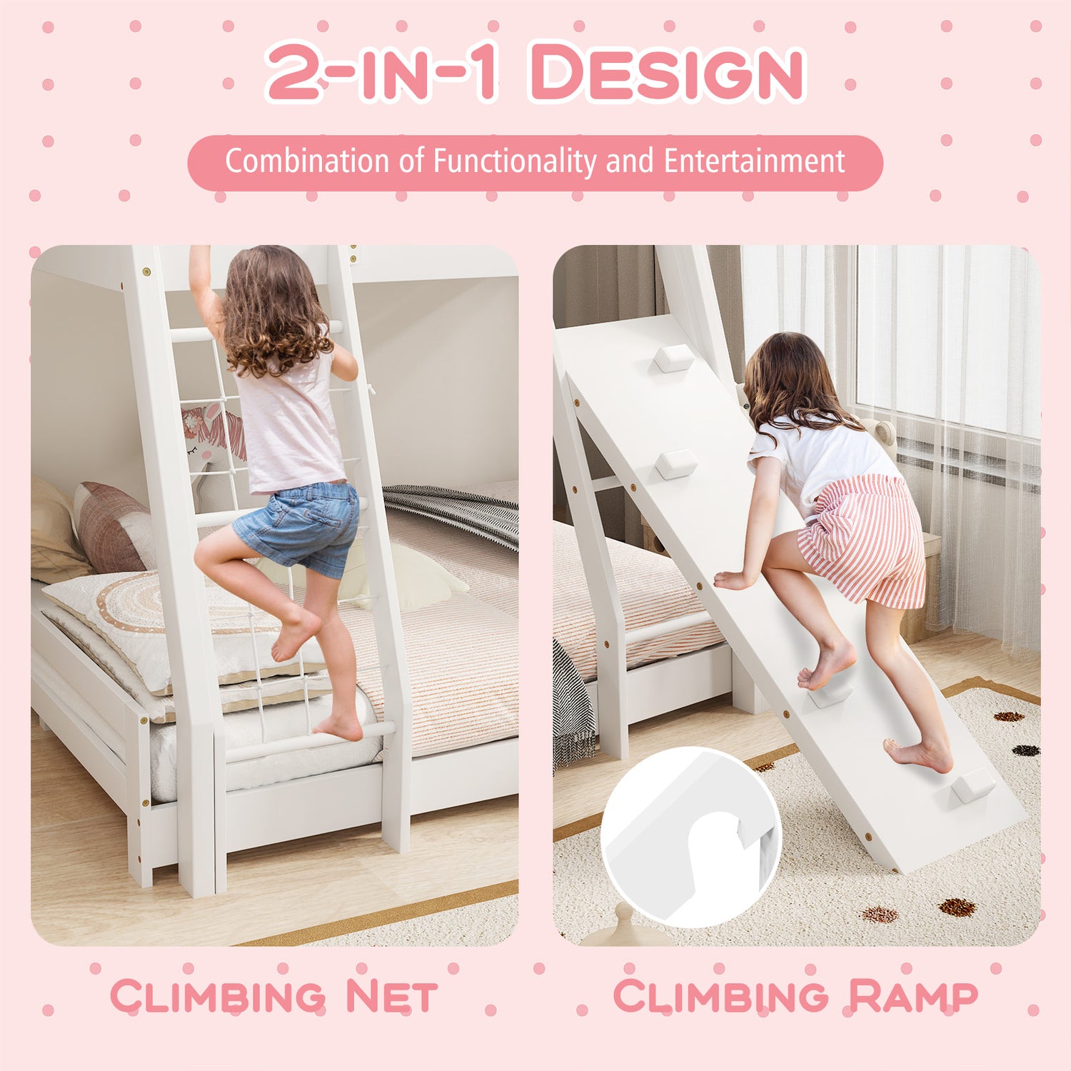 Twin Over Queen Bunk Bed Wooden Kids Bed with Climbing Nets and Ramp