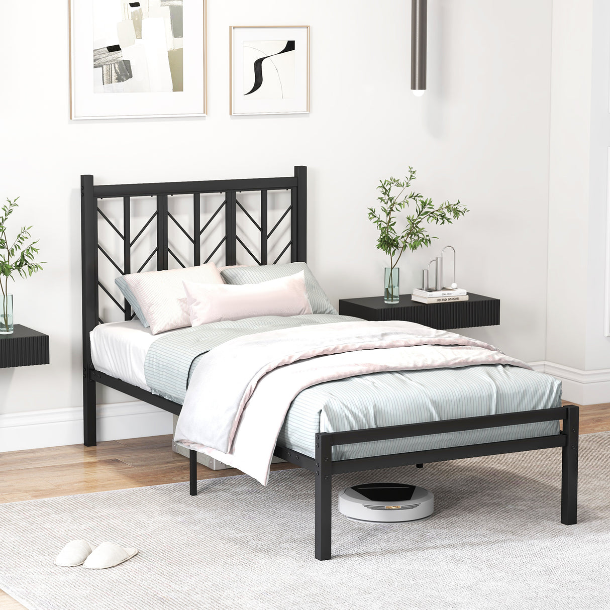 Twin Size Platform Bed with Headboard and Metal Frame