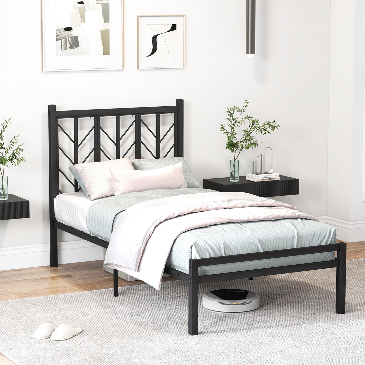 Twin Size Platform Bed with Headboard and Metal Frame