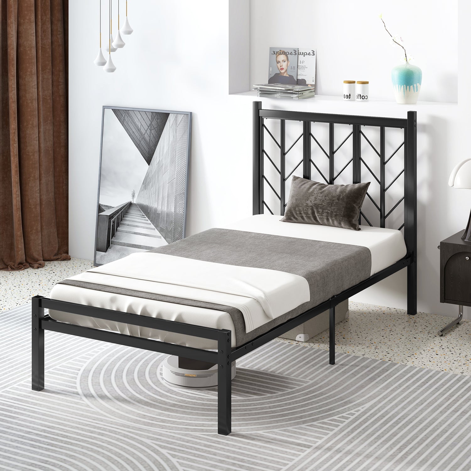 Twin Size Platform Bed with Headboard and Metal Frame