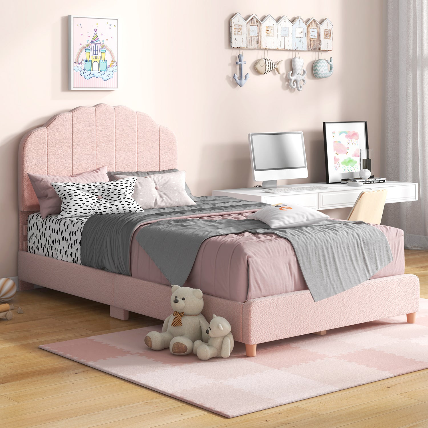 Twin Bed Frame with Height-Adjustable Headboard and Sturdy Wooden Slats