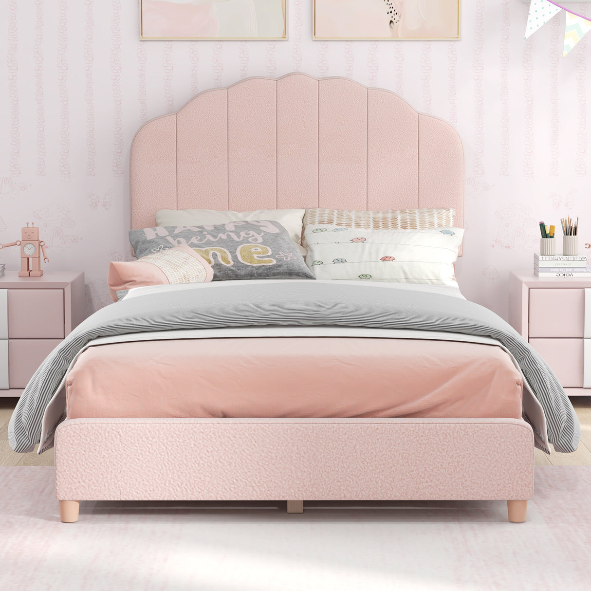 Twin Bed Frame with Height-Adjustable Headboard and Sturdy Wooden Slats