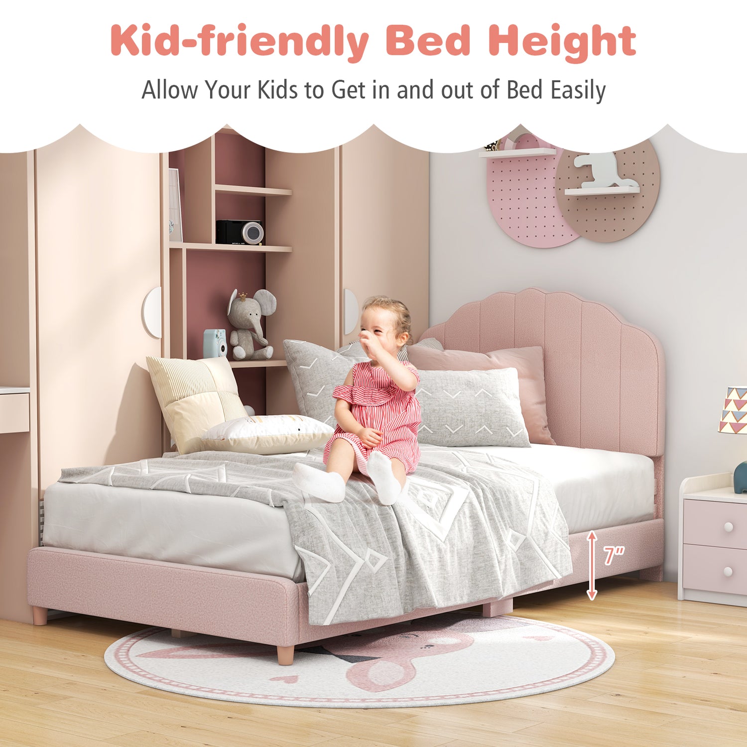 Twin Bed Frame with Height-Adjustable Headboard and Sturdy Wooden Slats