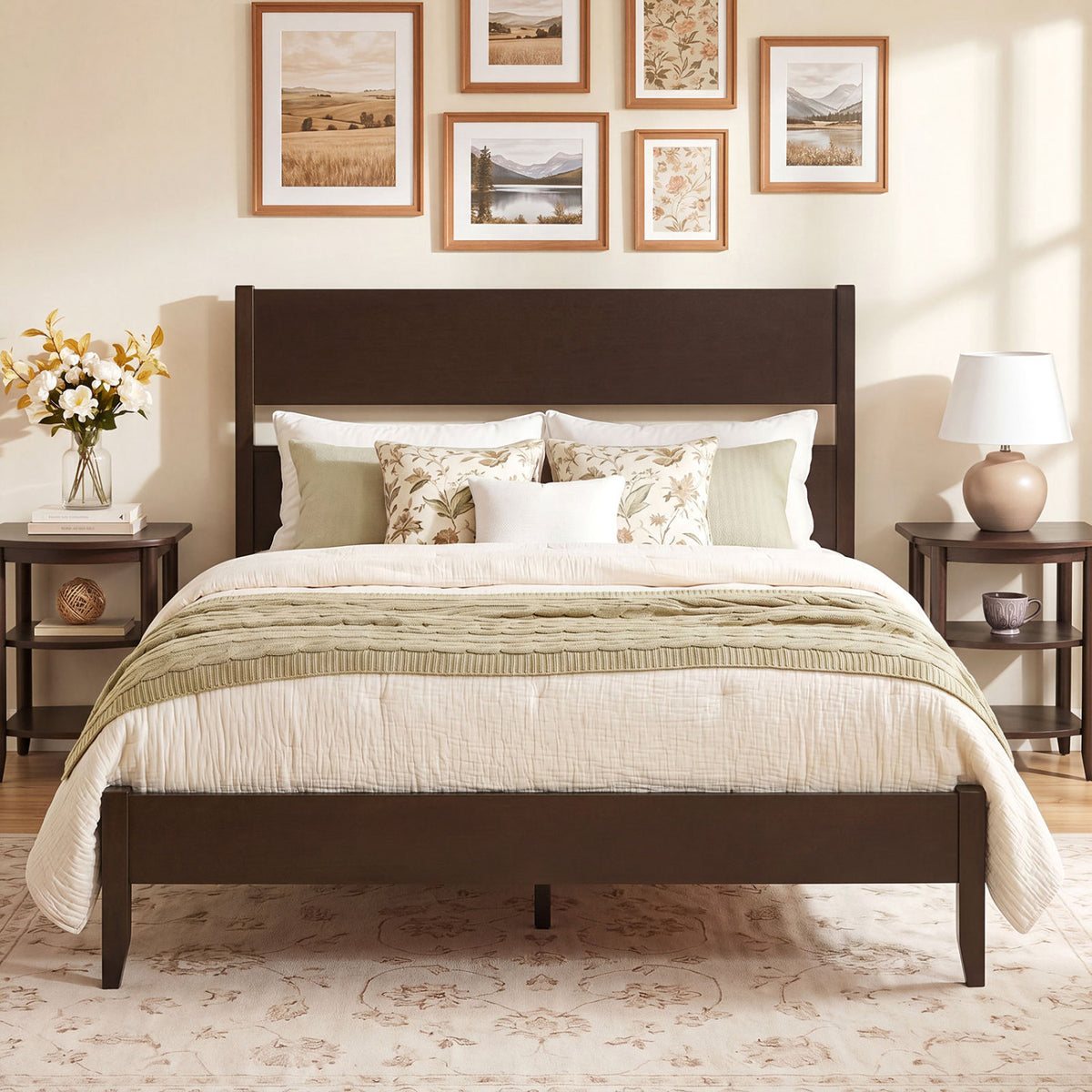 Full Bed Frame with Headboad and Solid Wood Legs 12 Slats