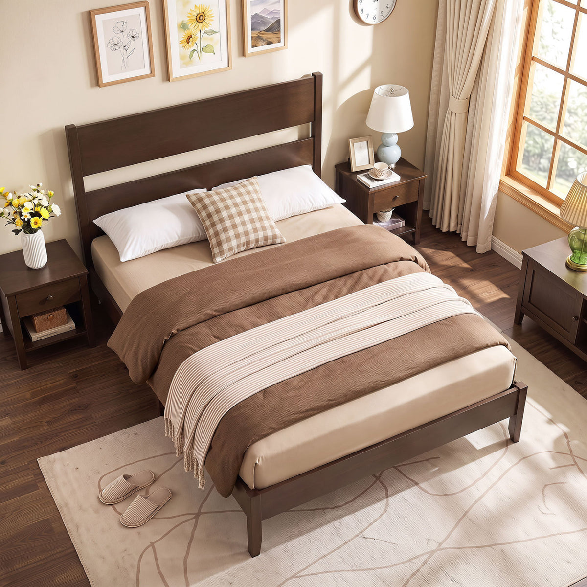 Full Bed Frame with Headboad and Solid Wood Legs 12 Slats