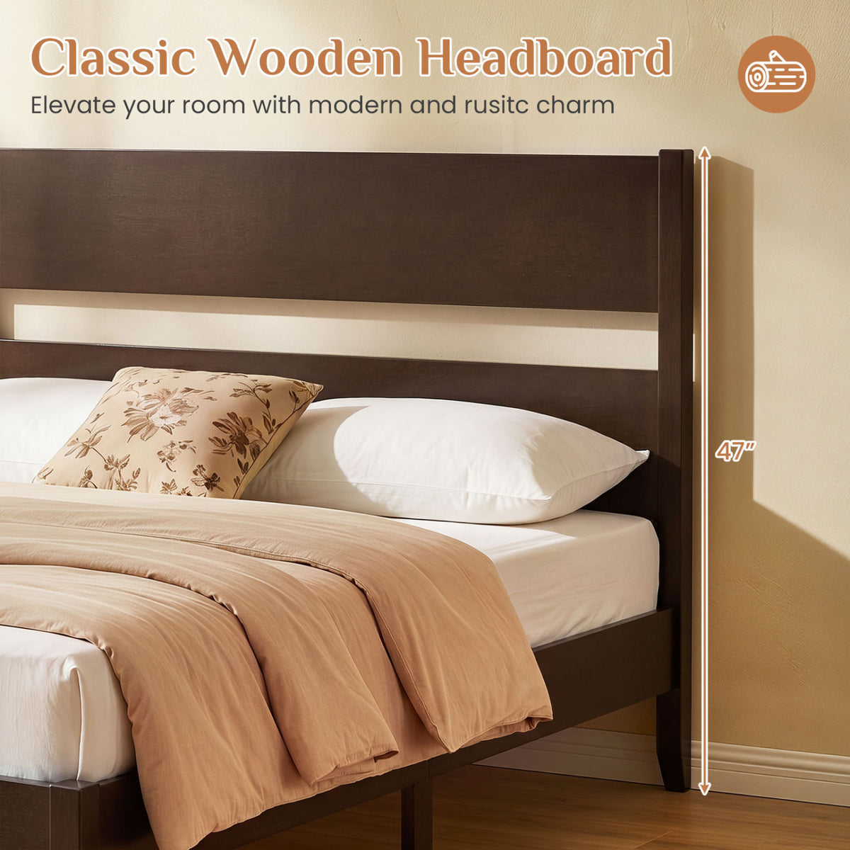 Full Bed Frame with Headboad and Solid Wood Legs 12 Slats
