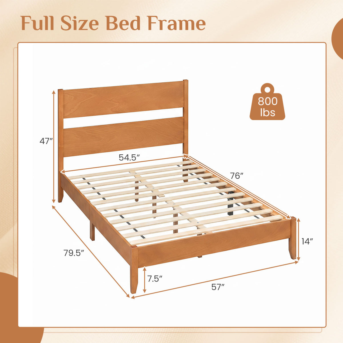 Full Bed Frame with Headboad and Solid Wood Legs 12 Slats