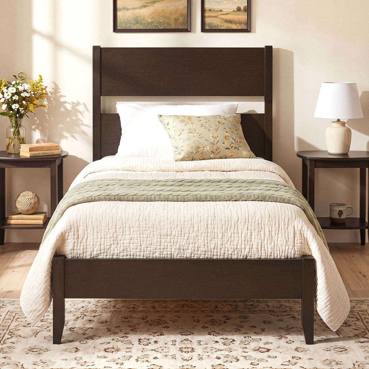 Twin Bed Frame with Headboard with Solid Wood Legs 12 Slats