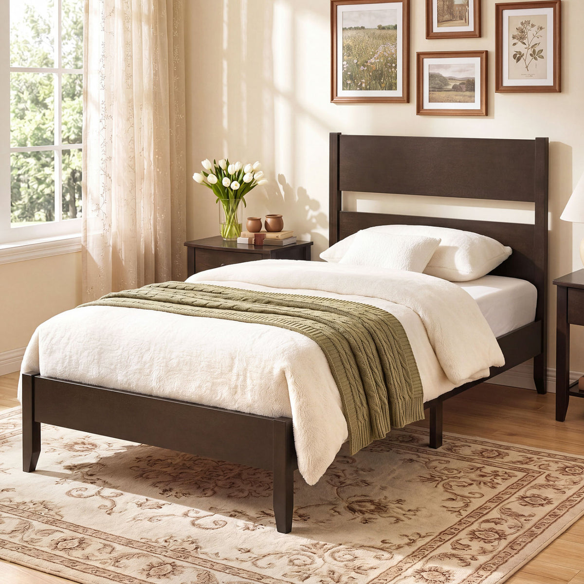 Twin Bed Frame with Headboard with Solid Wood Legs 12 Slats