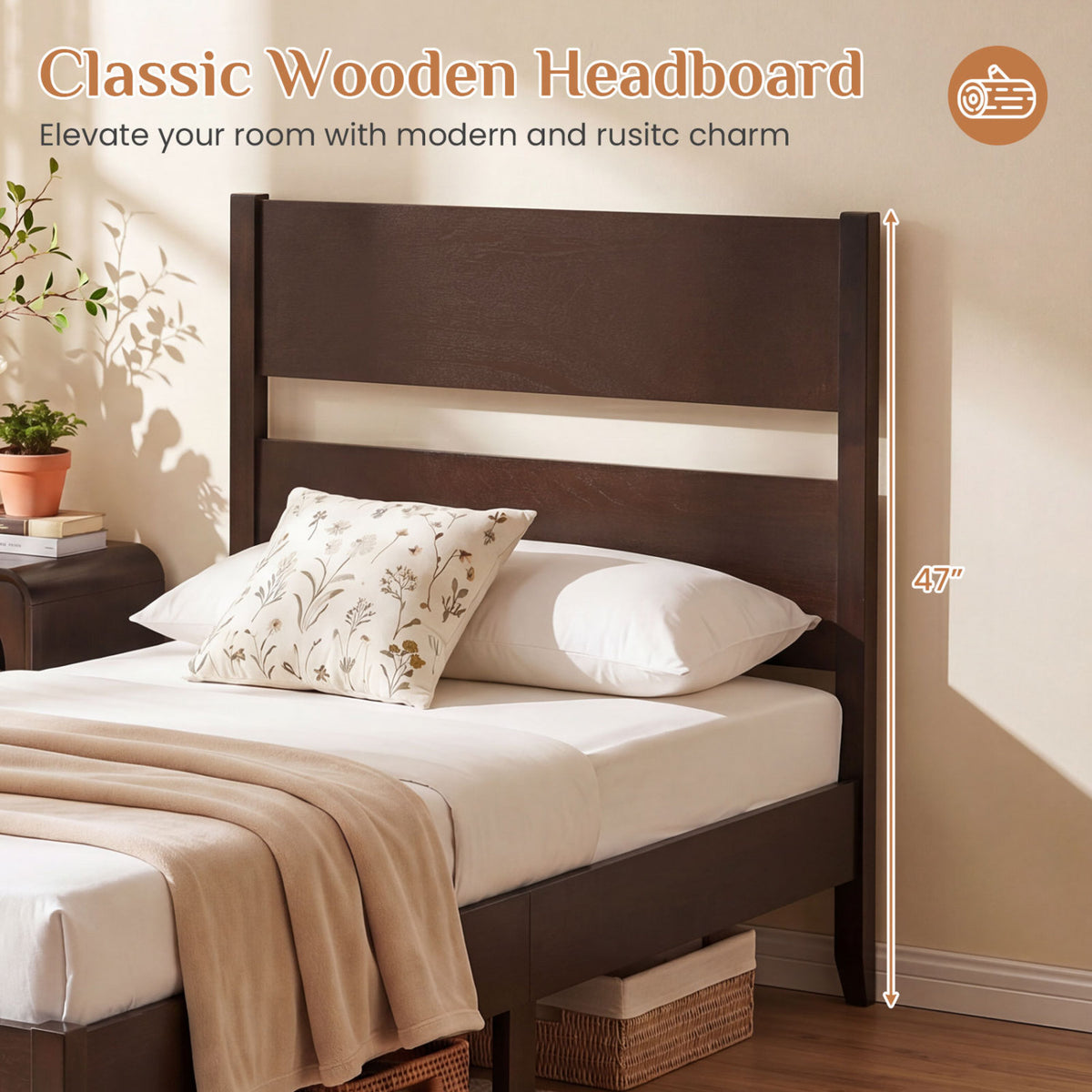 Twin Bed Frame with Headboard with Solid Wood Legs 12 Slats