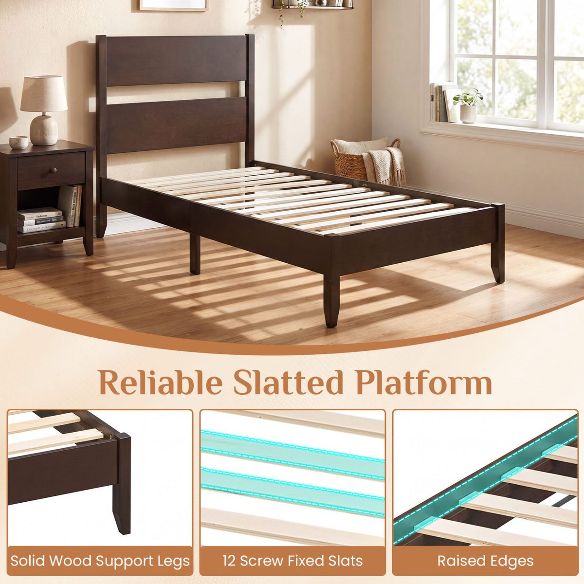 Twin Bed Frame with Headboard with Solid Wood Legs 12 Slats