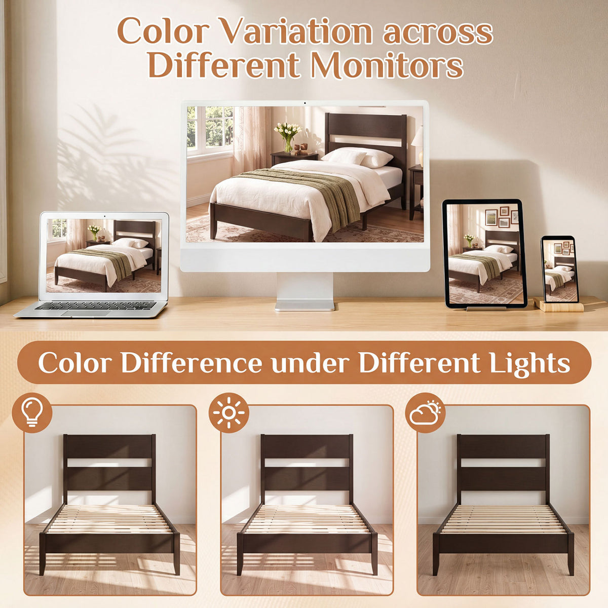 Twin Bed Frame with Headboard with Solid Wood Legs 12 Slats