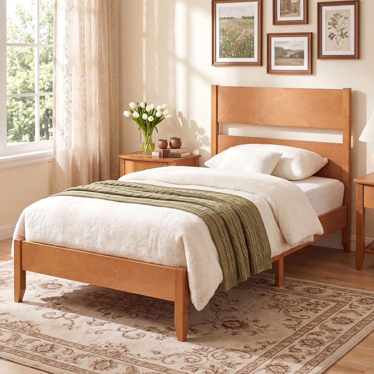Twin Bed Frame with Headboard with Solid Wood Legs 12 Slats