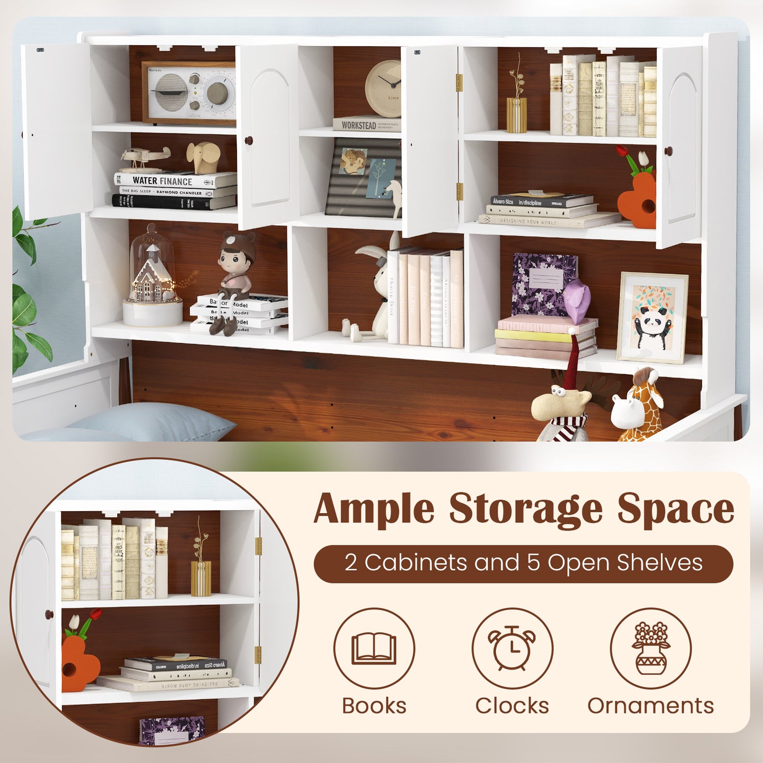 Twin Bed with Bookcase with Shelves and Wooden Slat Support No Box Spring Needed for Living Room Bedroom-White