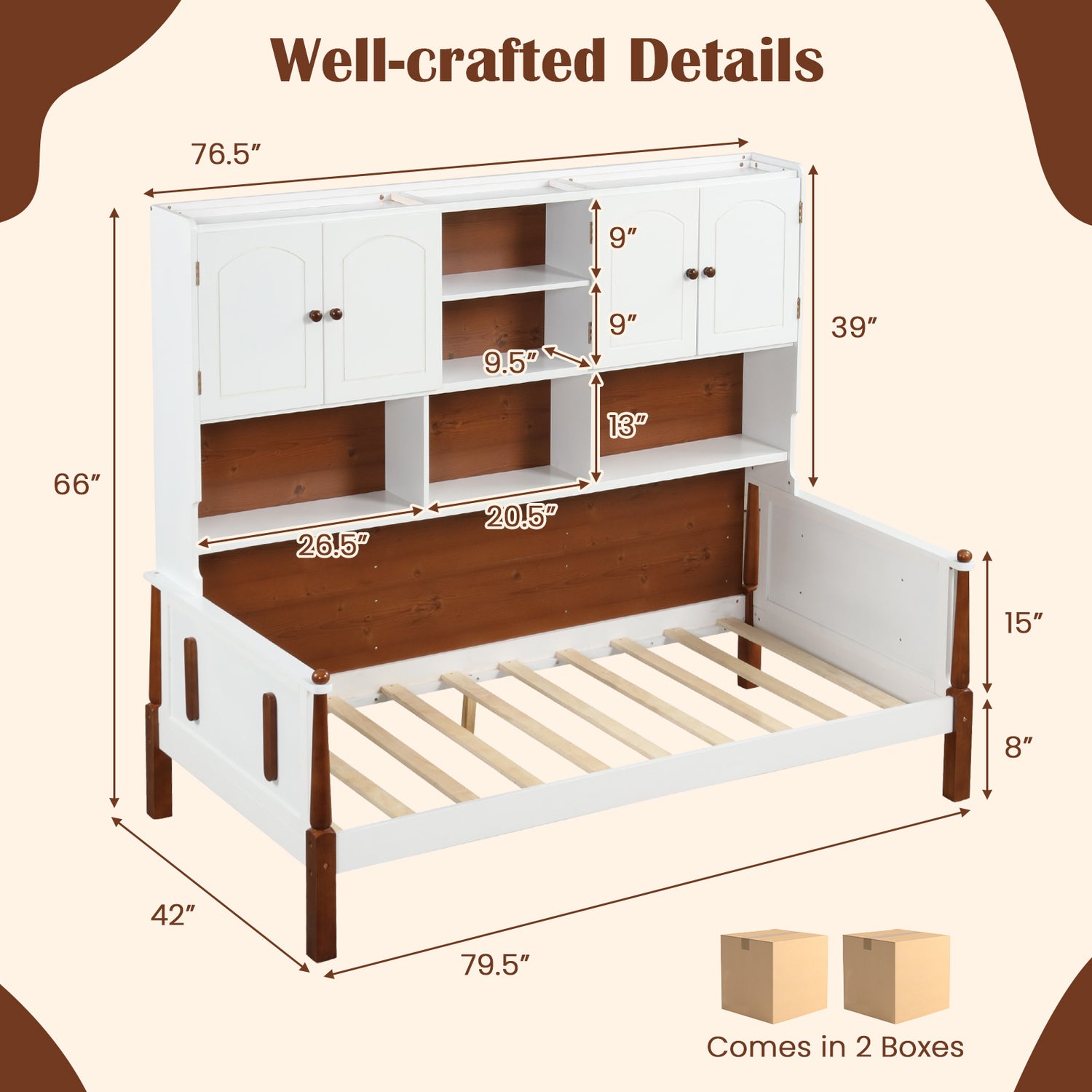 Twin Bed with Bookcase with Shelves and Wooden Slat Support No Box Spring Needed for Living Room Bedroom-White