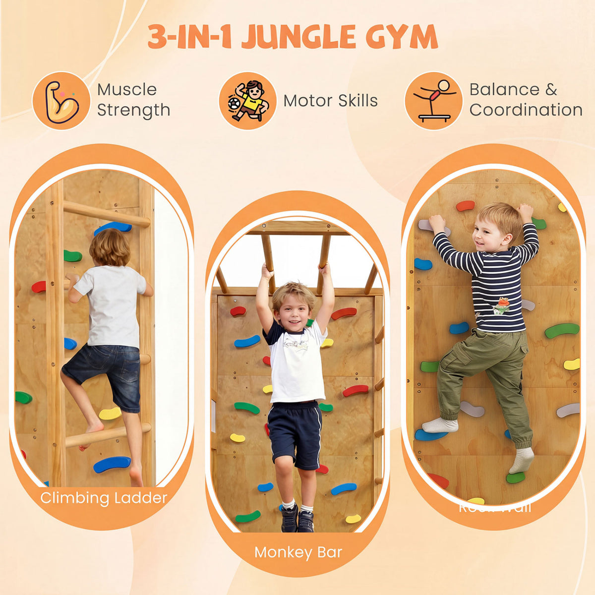Twin Bunk Bed with Jungle Gym Wooden Loft Bed with Climbing Ladder-Natural