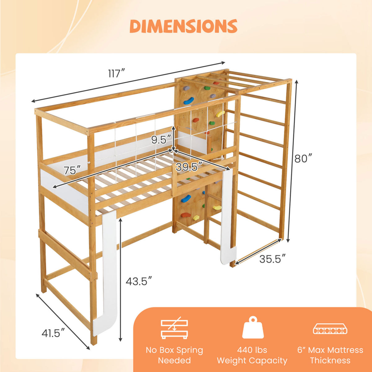 Twin Bunk Bed with Jungle Gym Wooden Loft Bed with Climbing Ladder-Natural