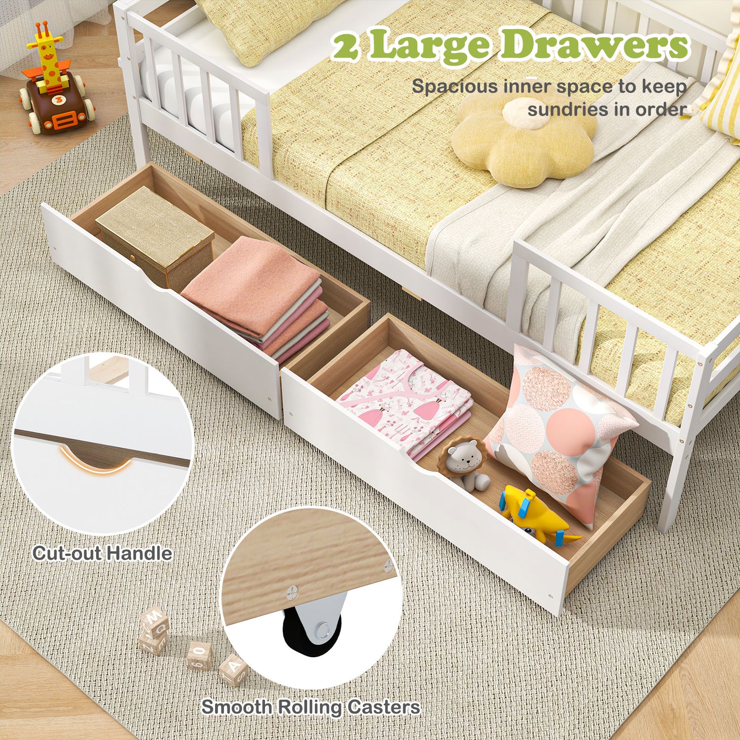 Twin Daybed with Fence and 2 Drawers Kids Bed for Boys & Girls