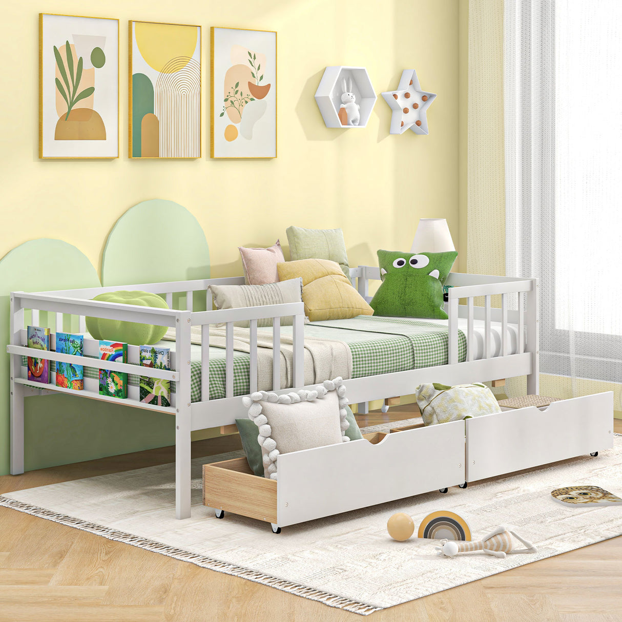 Twin Daybed with Fence and 2 Drawers Kids Bed for Boys & Girls