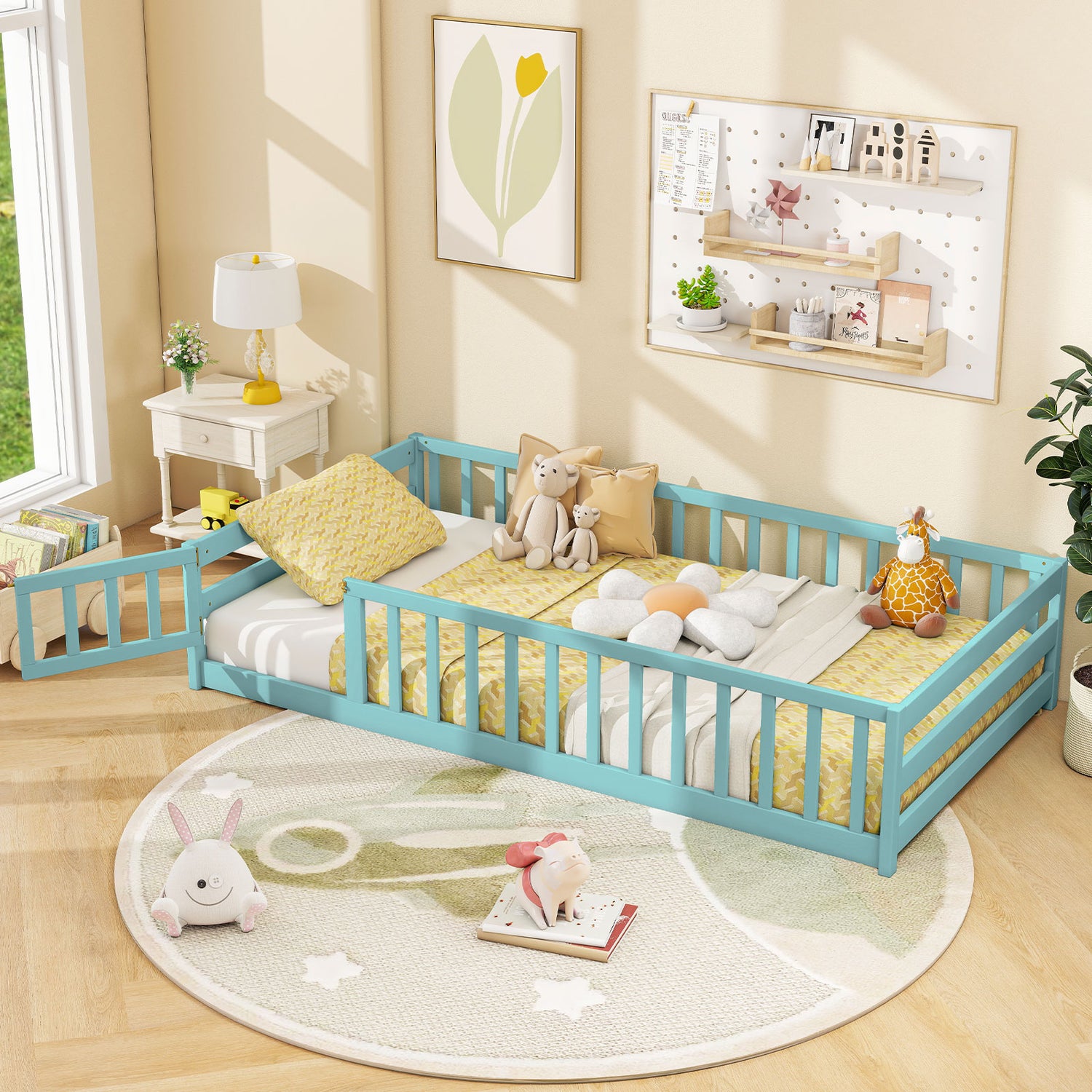 Twin Size Kids Wood Montessori Floor Bed with Door and Fence