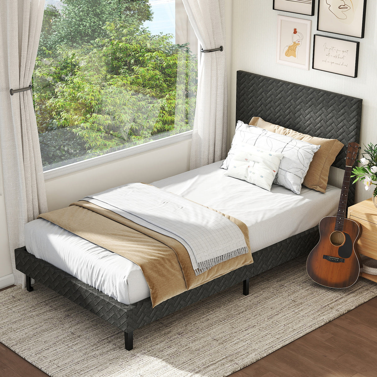 Full Size Velvet Bed Frame Upholstered Platform Bed with Chevron Headboard Gray