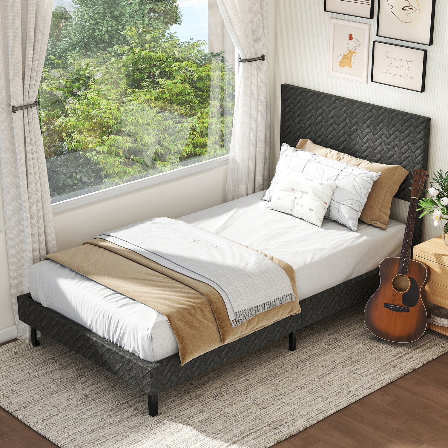 Full Size Velvet Bed Frame Upholstered Platform Bed with Chevron Headboard Gray