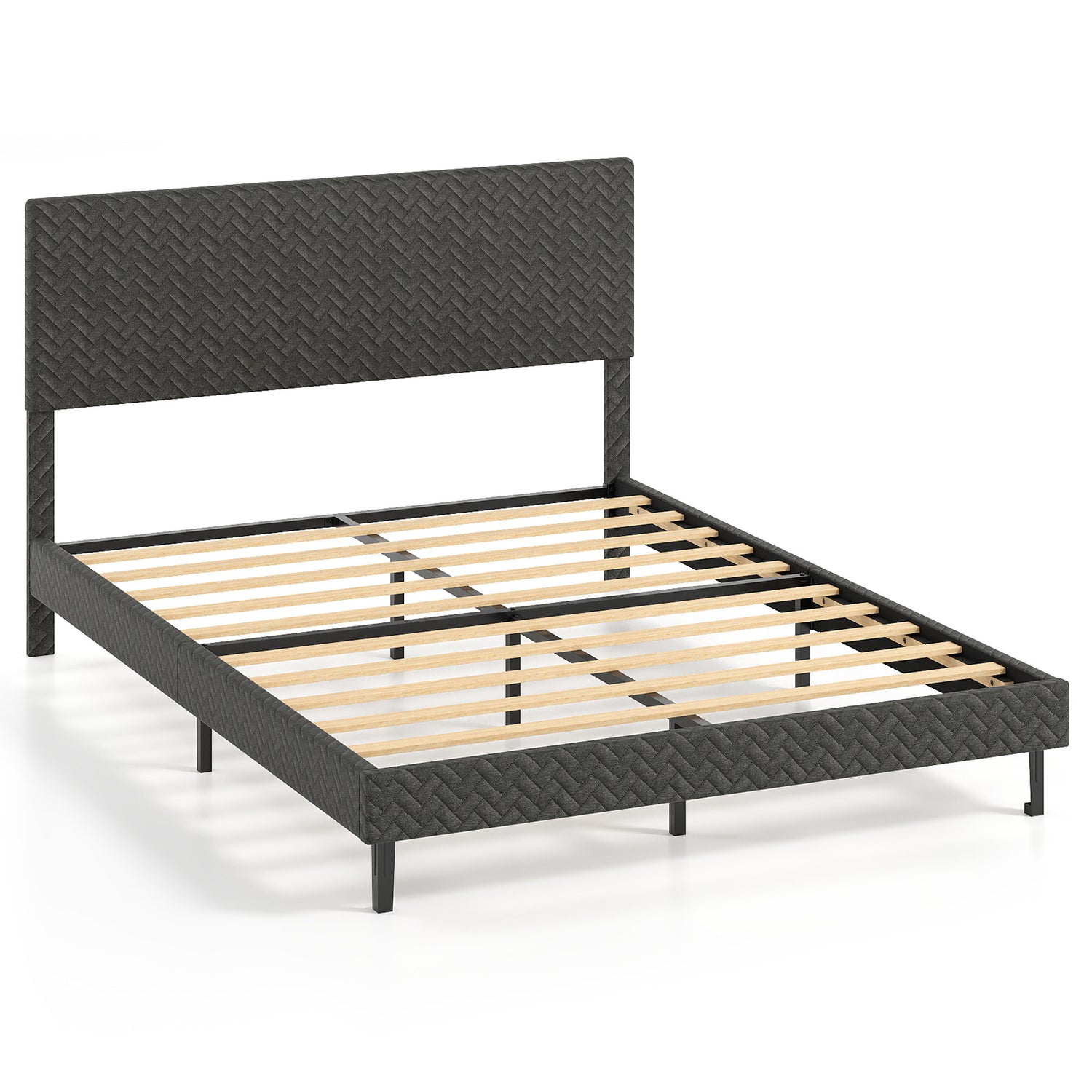 Full Size Velvet Bed Frame Upholstered Platform Bed with Chevron Headboard Gray