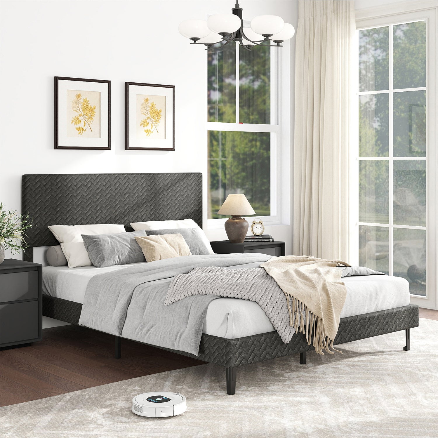 Full Size Velvet Bed Frame Upholstered Platform Bed with Chevron Headboard Gray