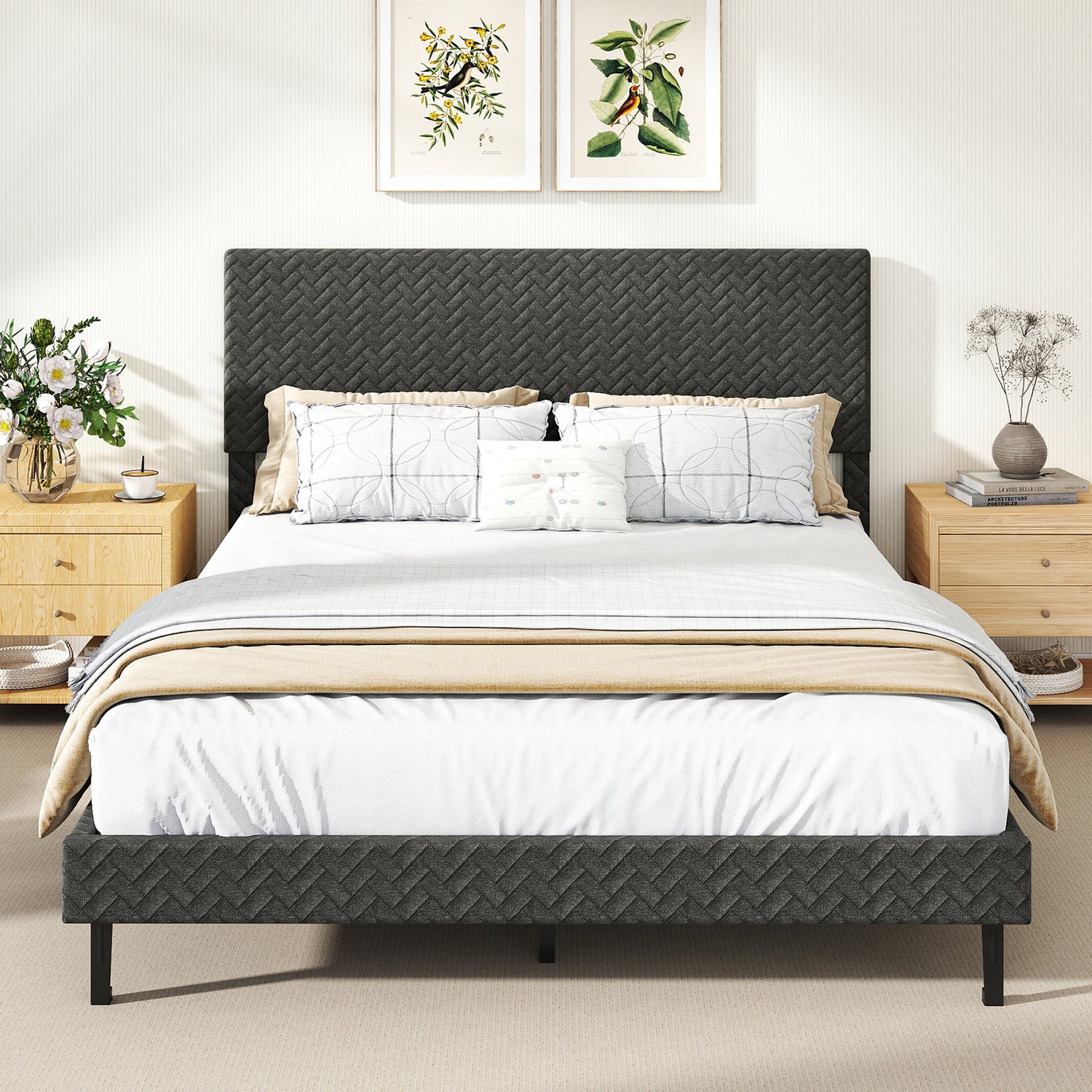 Full Size Velvet Bed Frame Upholstered Platform Bed with Chevron Headboard Gray