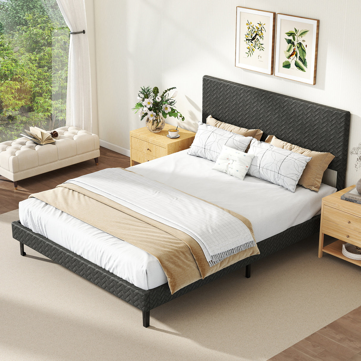 Full Size Velvet Bed Frame Upholstered Platform Bed with Chevron Headboard Gray