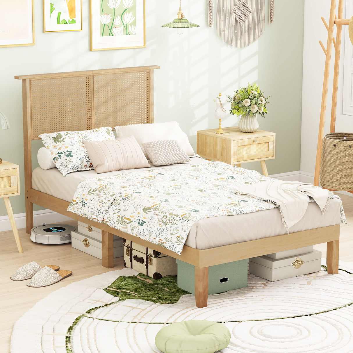 Twin/Full/Queen Size Bed Frame with Rattan Headboard