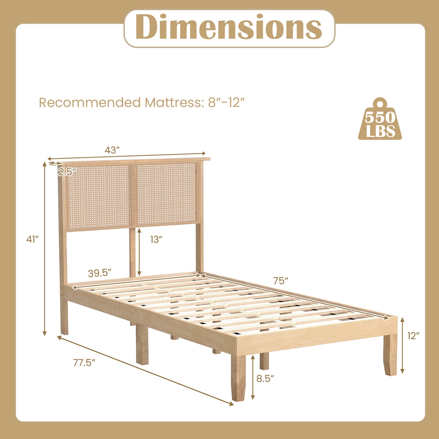 Twin/Full/Queen Size Bed Frame with Rattan Headboard