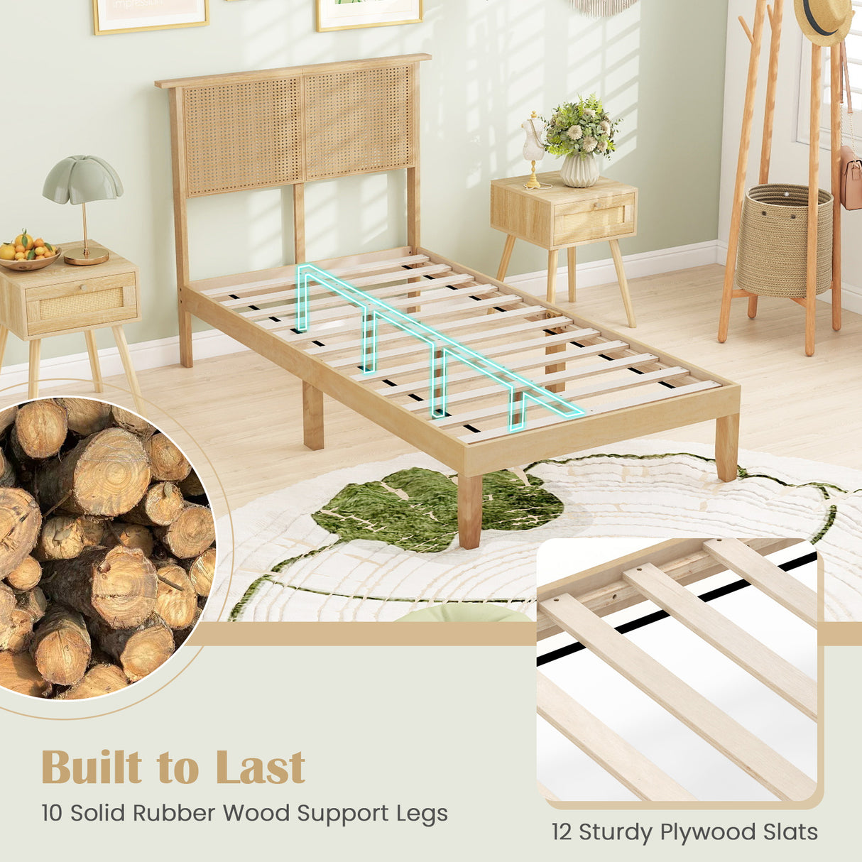 Twin/Full/Queen Size Bed Frame with Rattan Headboard