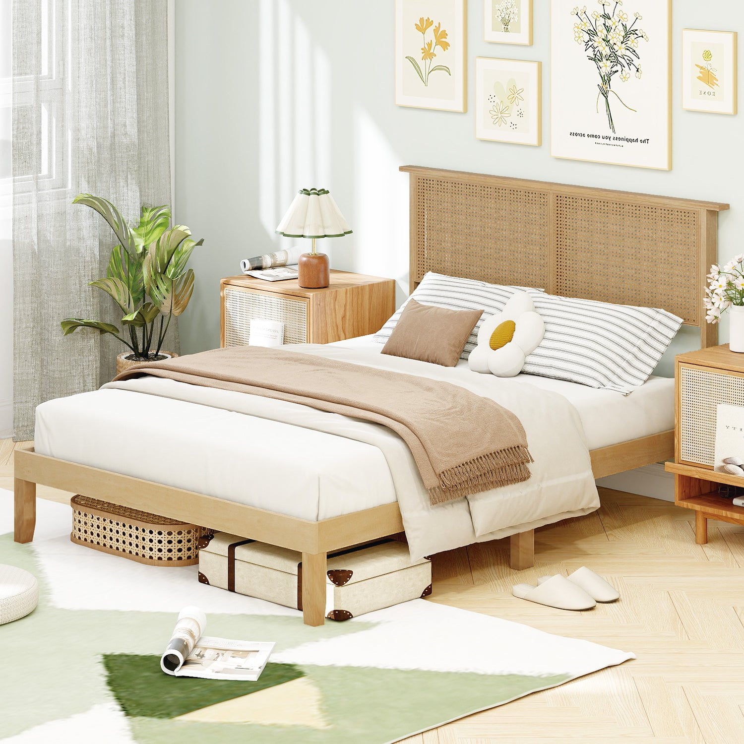 Twin/Full/Queen Size Bed Frame with Rattan Headboard