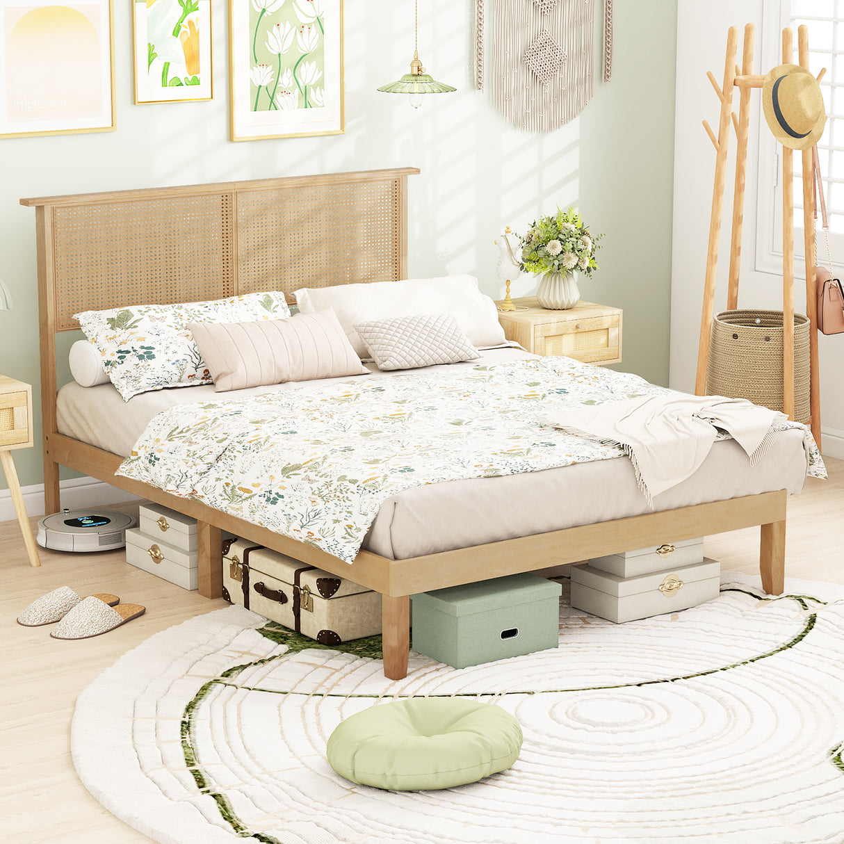 Twin/Full/Queen Size Bed Frame with Rattan Headboard