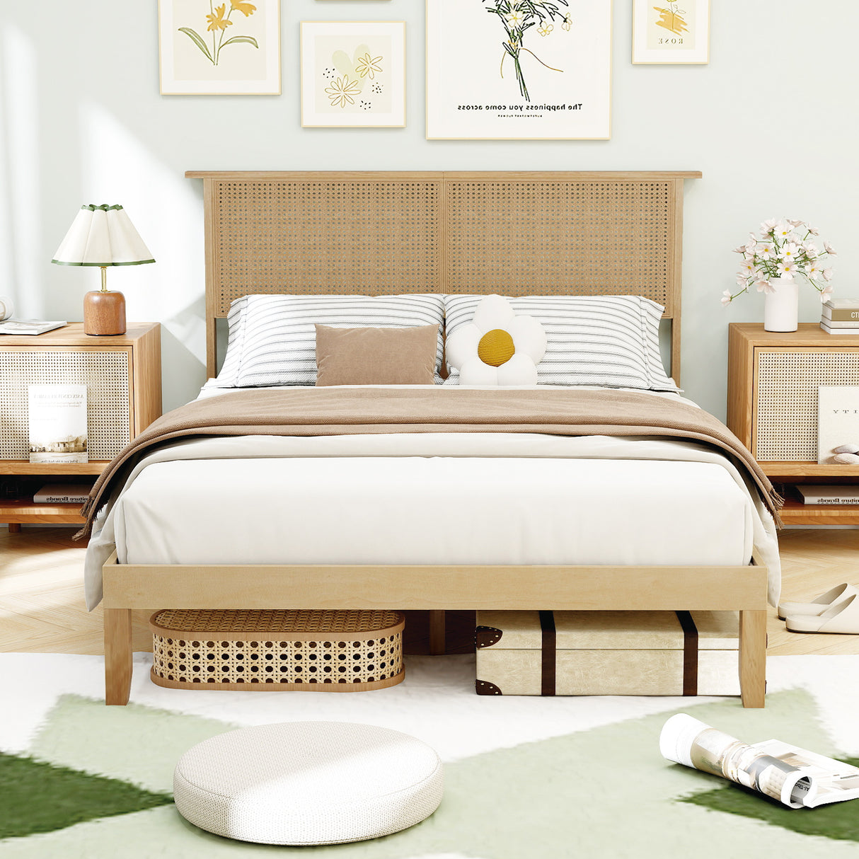 Twin/Full/Queen Size Bed Frame with Rattan Headboard