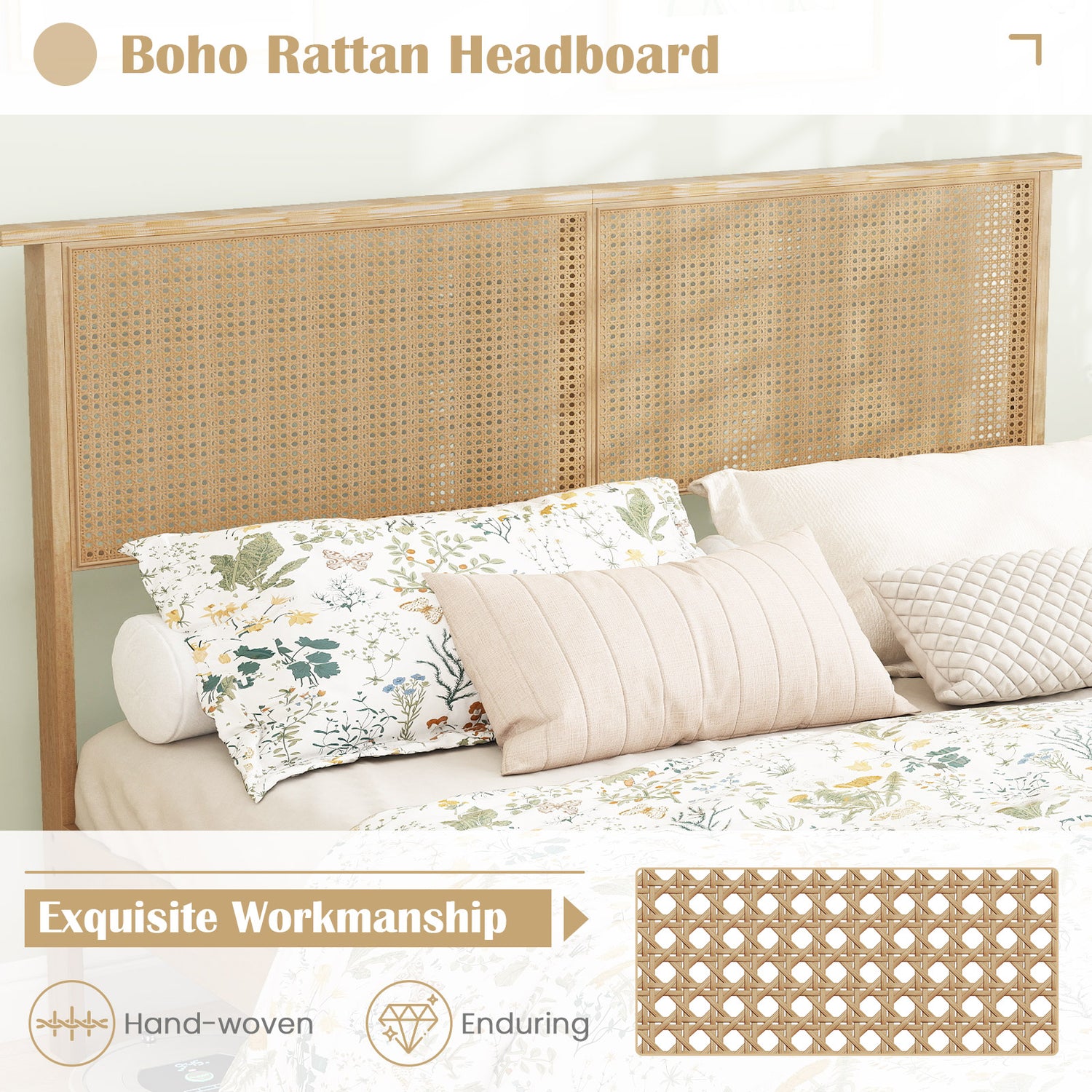 Twin/Full/Queen Size Bed Frame with Rattan Headboard
