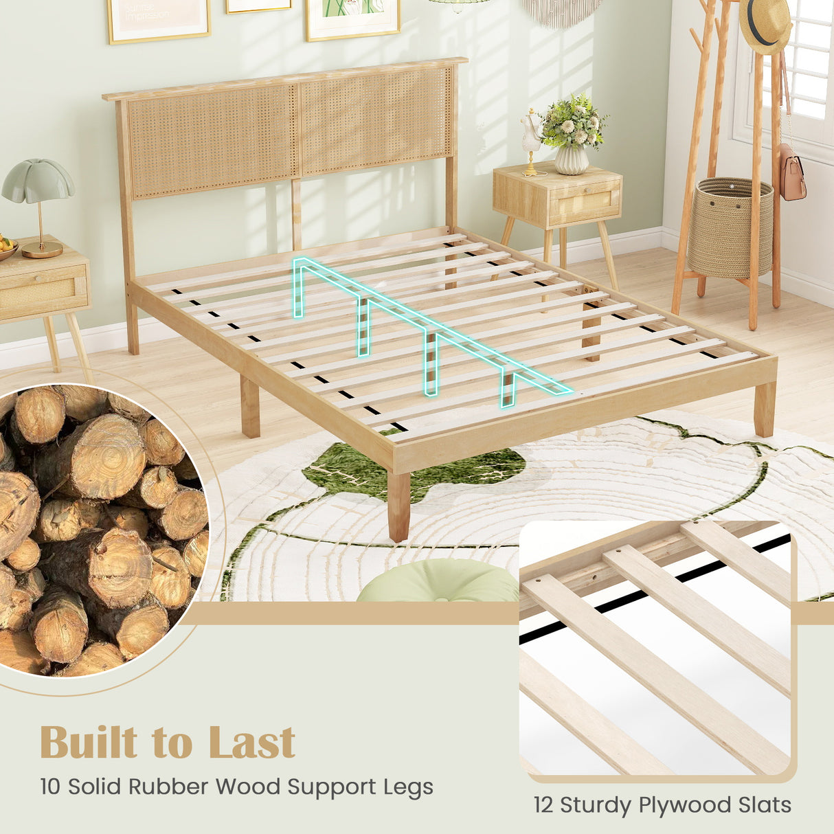 Twin/Full/Queen Size Bed Frame with Rattan Headboard