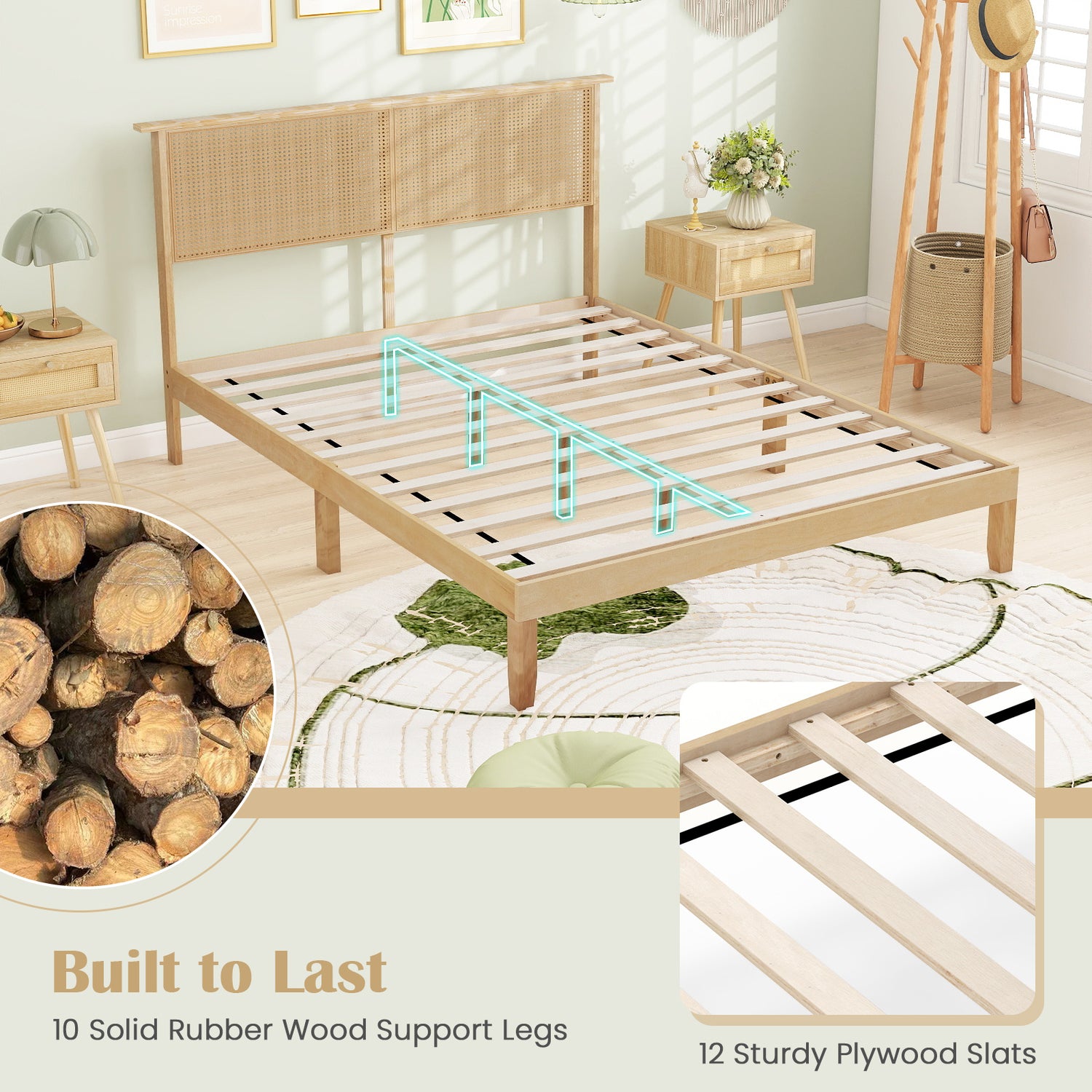 Twin/Full/Queen Size Bed Frame with Rattan Headboard