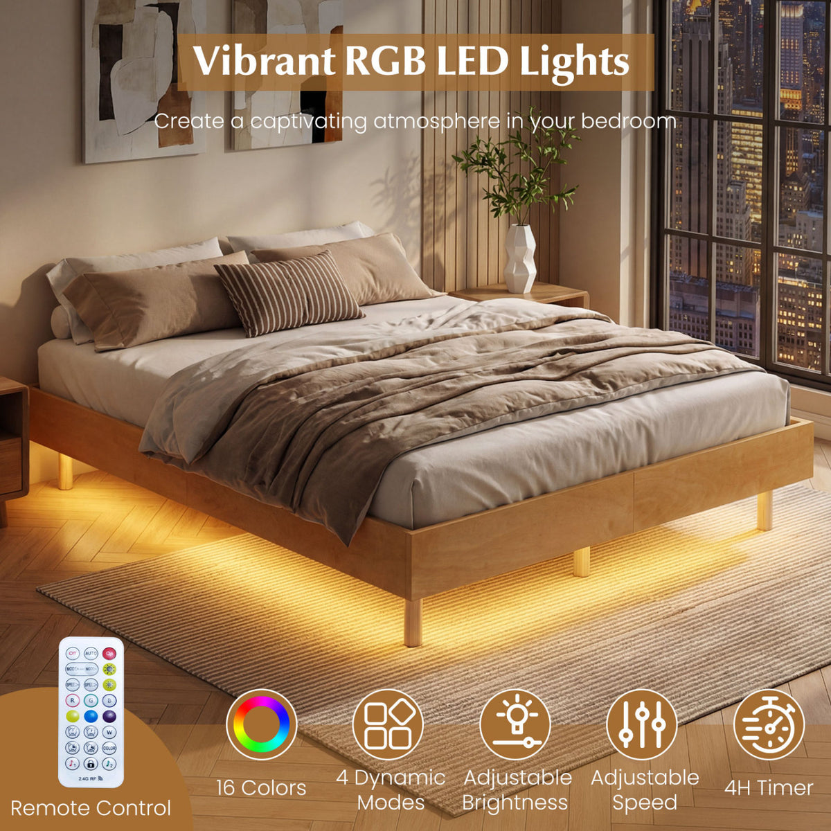 Twin/Full/Queen Size Floating Bed Frame with LED Lights for Bedroom