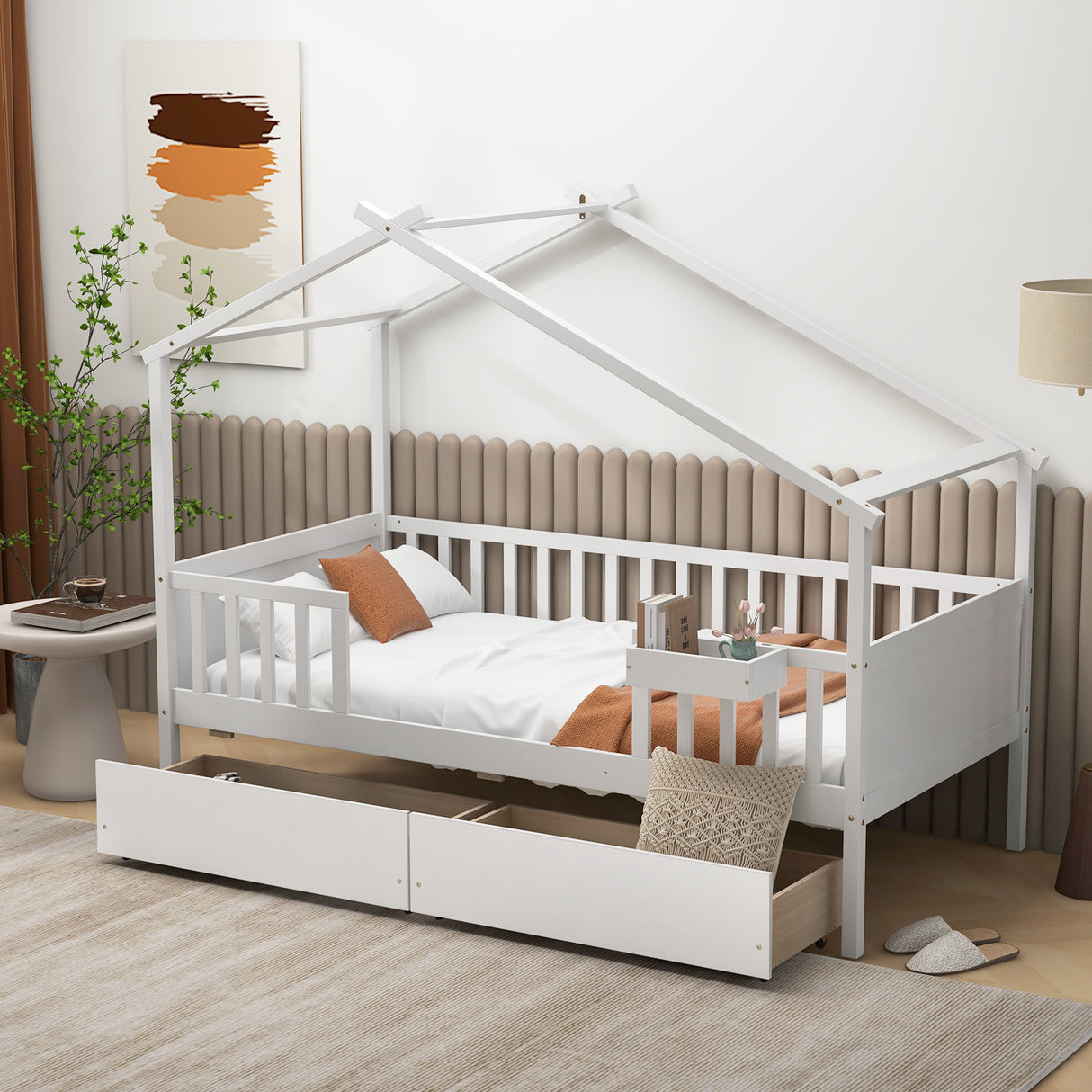 Twin House Bed with 2 Storage Drawers and Roof & Fence Rails