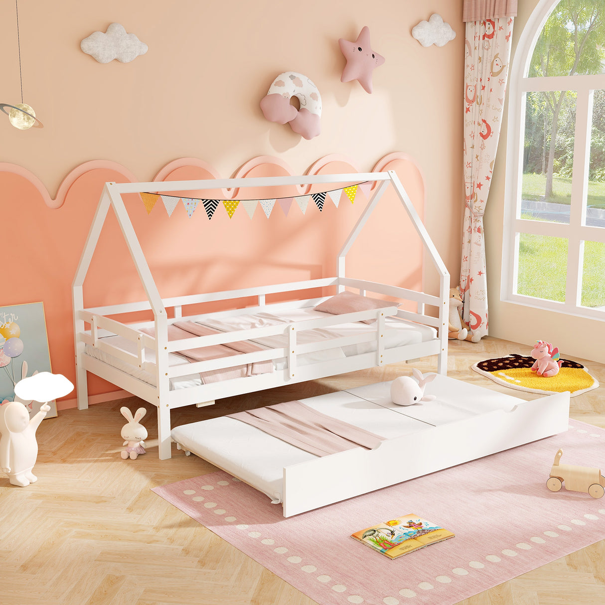 Twin House Bed with Trundle and Fence Rail