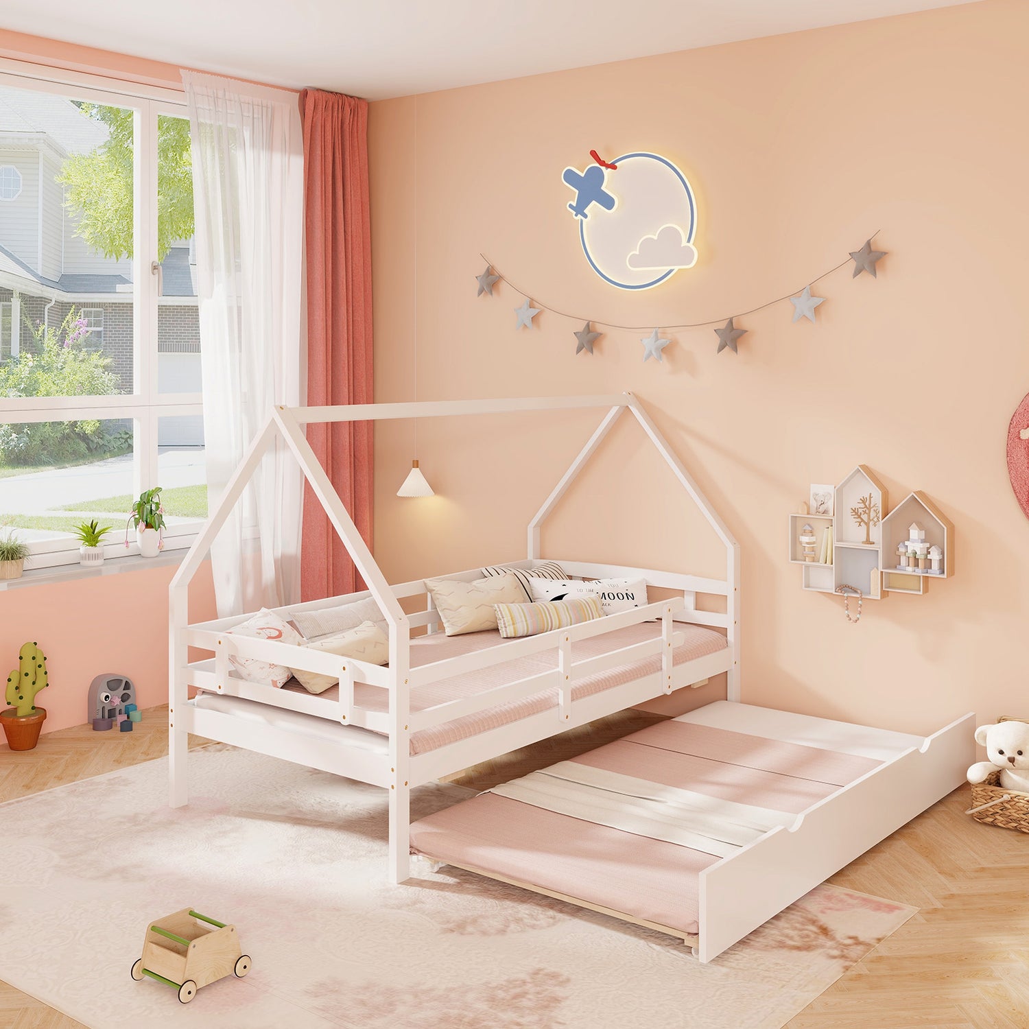 Twin House Bed with Trundle and Fence Rail