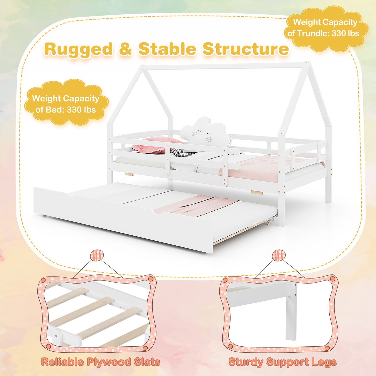 Twin House Bed with Trundle and Fence Rail